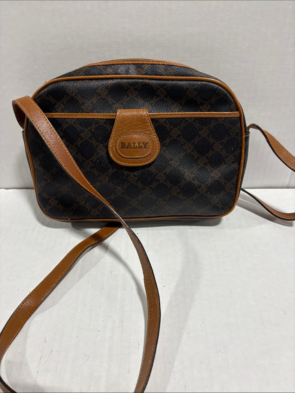 Vintage Bally Brown Monogram Leather-Trim Messenger Bag